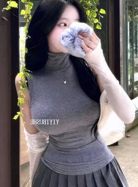 当天发 51STUDIO自制 LD217 性感显胸大~亲肤高领紧身微透无袖T恤