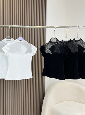 51自制 超A纸片人 黑色网纱微透蕾丝拼接显瘦短袖T恤女夏季