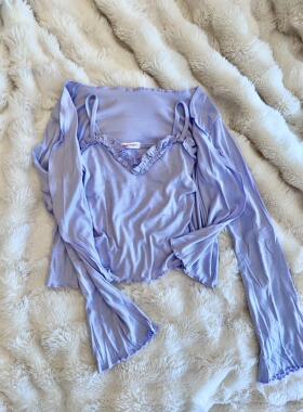 韩系穿搭紫色显白两件套纯欲吊带短款开衫修身百搭上衣套装女