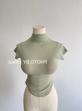 现货~51STUDIO自制性感半高领弧形收腰紧身短袖体恤背心