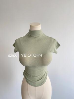 现货~51STUDIO自制性感半高领弧形收腰紧身短袖体恤背心