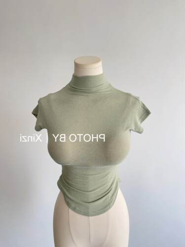 现货~51STUDIO自制性感半高领弧形收腰紧身短袖体恤背心