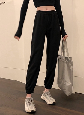 灰色运动裤女宽松2019春秋新款束脚休闲裤高腰收口哈伦裤子ins潮