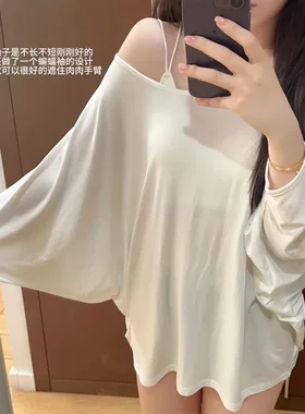 夏季款小众穿搭T恤女莫奈花园风休闲宽松中长款蝙蝠袖罩衫