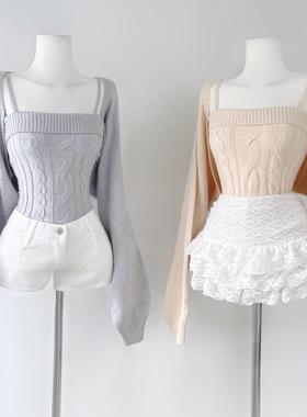 现货51STUDIO自制减龄小个子时尚套装针织吊带+宽松短款开衫两件