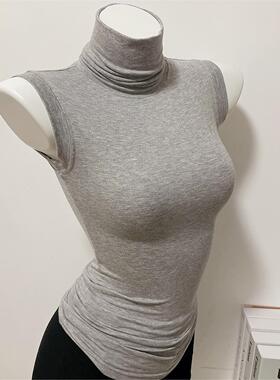 秋冬季高领无袖灰色t恤女紧身西装内搭打底衫性感气质显胸大上衣