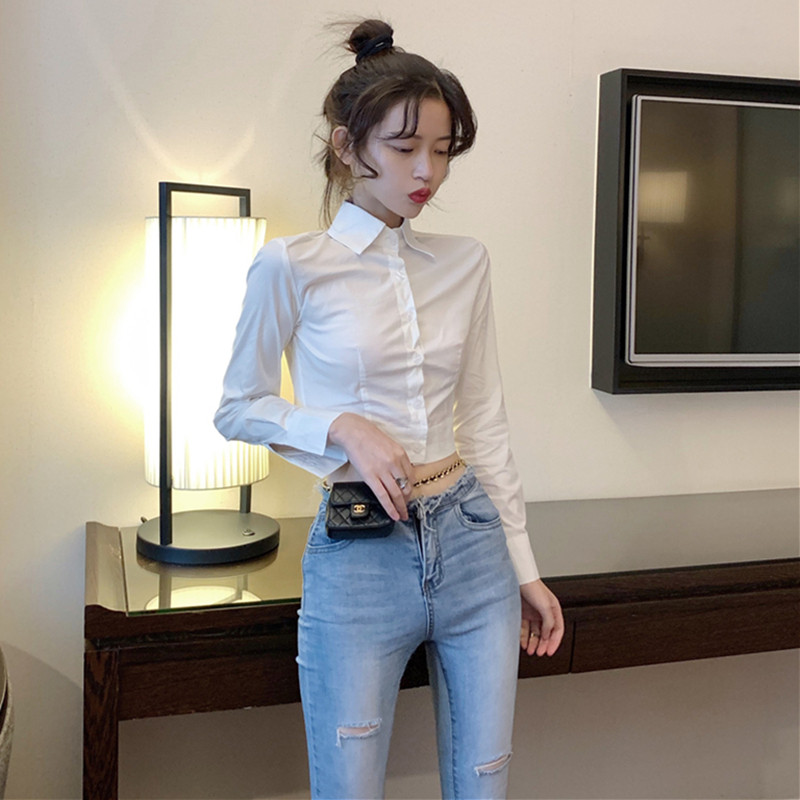 ins超火韩版百搭修身显瘦长袖翻领短款露脐衬衫上衣女秋季2019新|ruв категории Женская одежда, рубашка - от Buy2taobao.com для оказания профессиональной услуги покупки агента Taobao