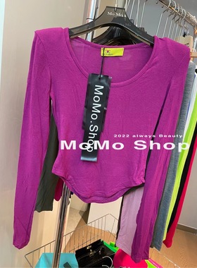 超火的糖果色小U领套头长袖打底衫垫肩百搭显瘦防晒T恤女2022夏季