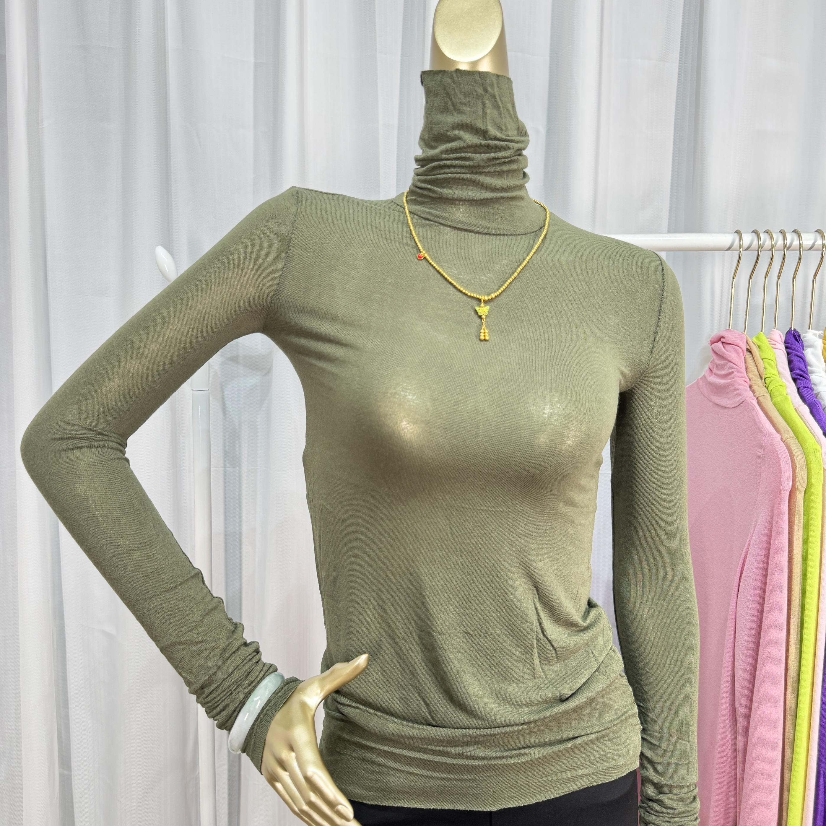 军绿色薄款堆堆领打底衫女秋冬新款高级感叠穿内搭高领上衣