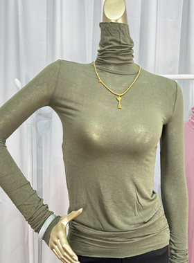 军绿色薄款堆堆领打底衫女秋冬新款高级感叠穿内搭高领上衣