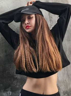 黑色长袖t恤女夏薄韩版嘻哈bf漏肚脐高腰短款露脐上衣宽松hiphop