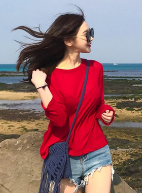 现货 韩国正品anne跃然入眼前 轻薄舒适糖果红色长袖T恤女ZB005喆