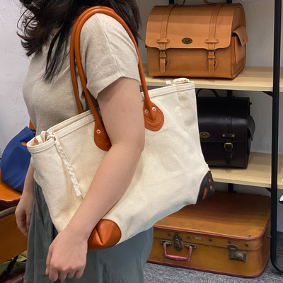 日式真皮配帆布托特包