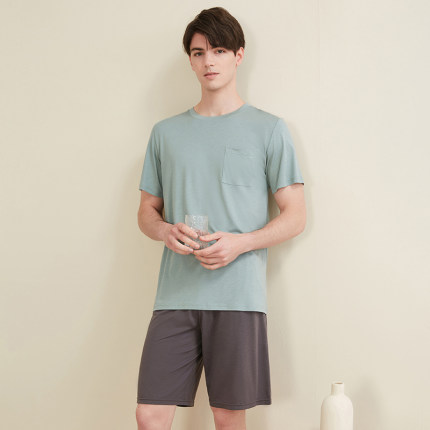 夏季男士睡衣家居服短袖短裤宽松兰精天丝休闲纯色薄款凉感可外穿