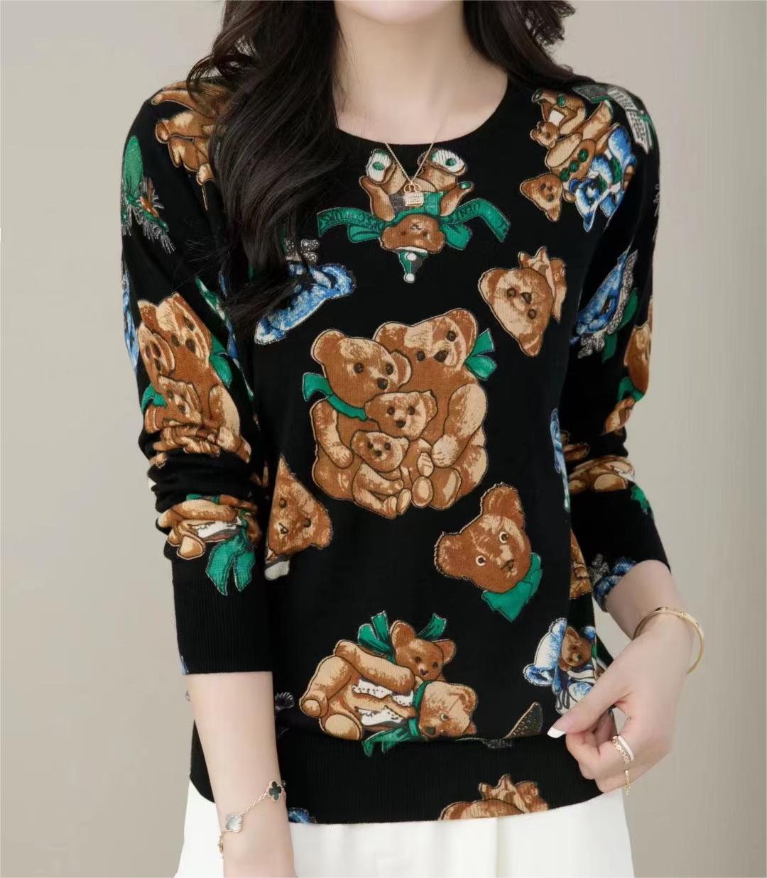 长袖拼接羊毛毛衣上衣薄24秋新品女时尚圆领印花大码套头针织打底