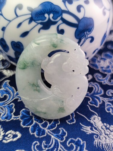 YSM天然翡翠A货糯冰种飘蓝花龙兽竹节吊坠挂件手把件