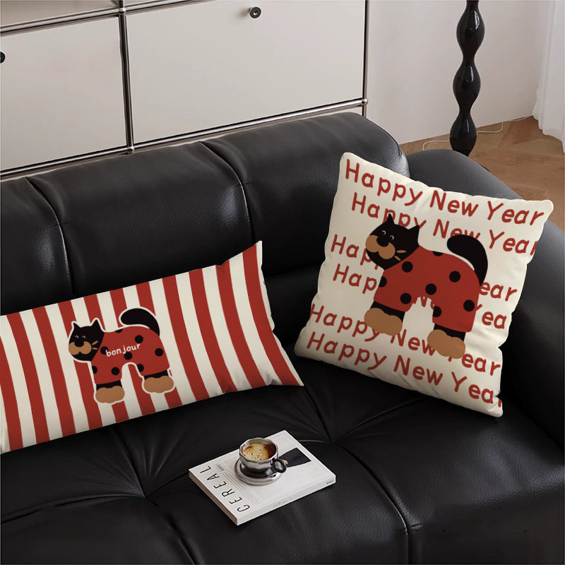猫猫新年氛围感红色高级抱枕客厅沙发靠枕套床头靠垫腰枕长条含芯