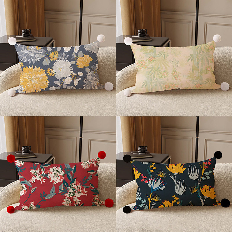 新中式古典韵味绒面长方形抱枕小众欧式沙发客厅样板间腰枕套靠垫