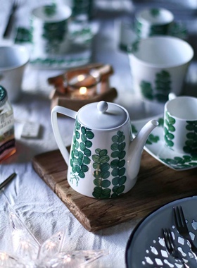 瑞典现代装饰绿色树叶高温骨瓷下午茶茶具咖啡具茶杯咖啡杯
