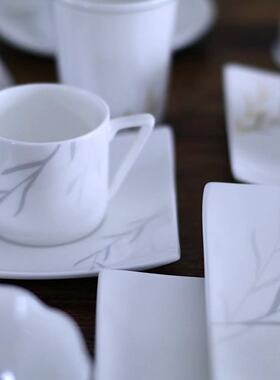 45%骨粉骨瓷silver银色柳叶 150ml咖啡杯碟方平盘果汁杯口杯奶缸