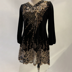 新款 中长款 春季 t恤裙女装 洋气高贵妈妈礼服裙子重工刺绣 大码