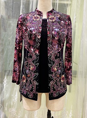 紫色印花金丝绒大码春秋女短假两件套中老年大长袖立领套头母亲节