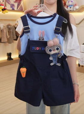 Disney/迪士尼女童夏季新款洋气卡通背带裤套装XCT2SZ326