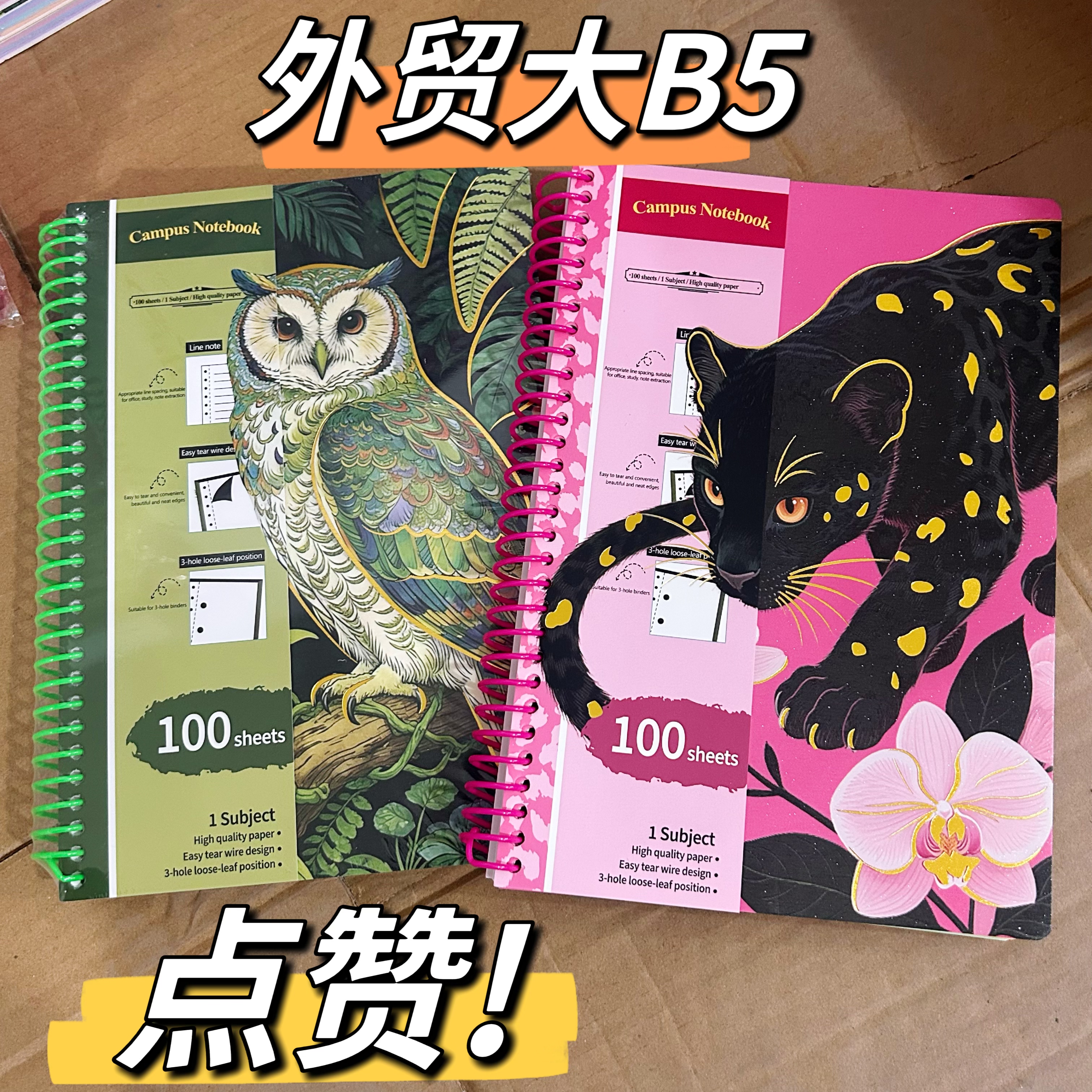 外贸凯撒大B5美式动物ins可撕彩页加厚线圈本2本2款【100张/本】