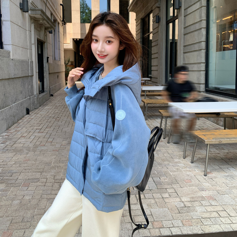 蓝色休闲范连帽短款排骨羽绒服女冬季2025年新款90白鸭绒保暖外套,女装羽绒服,2B080