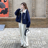 新款藏青色撞色宽松外套上衣双色057-9159p165k248，女装短外套，唯尔萱