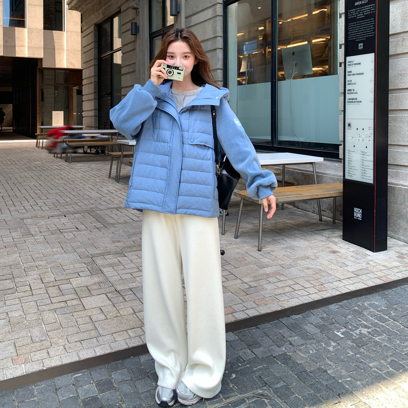 蓝色休闲范连帽短款排骨羽绒服女冬季2025年新款90白鸭绒保暖外套,女装羽绒服,2B080