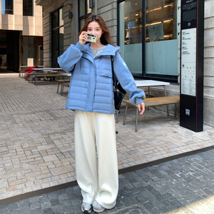蓝色休闲范连帽短款排骨羽绒服女冬季2025年新款90白鸭绒保暖外套图片