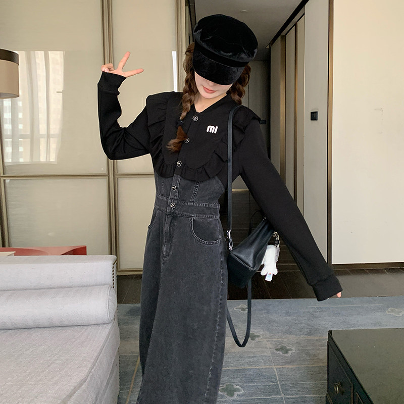 春装黑色拼接牛仔连衣裙8785-P155K218,女装连衣裙,2B080