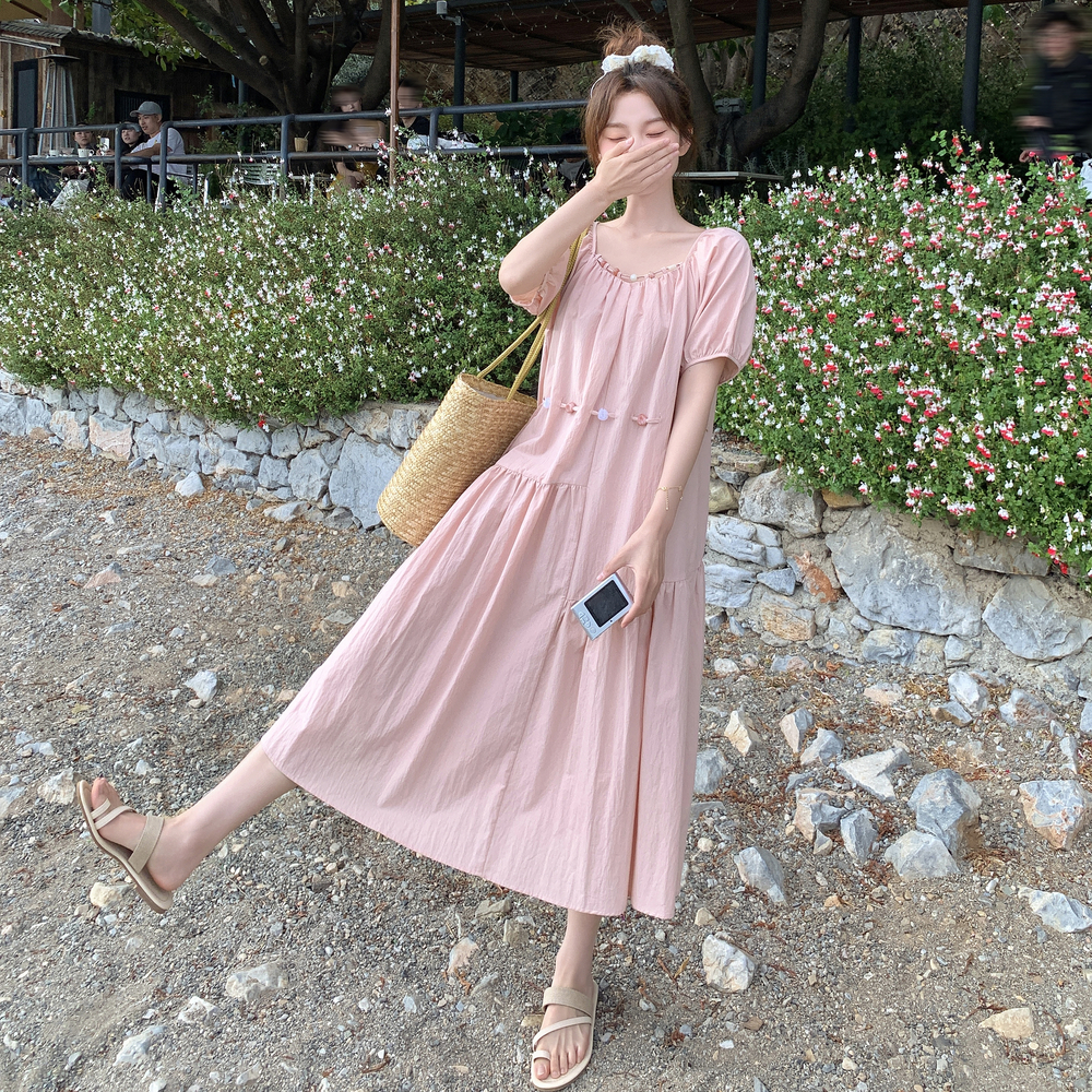 粉色法式浪漫泡泡袖褶皱连衣裙女2025年夏季新款高腰气质减龄长裙，女装连衣裙，唯尔萱