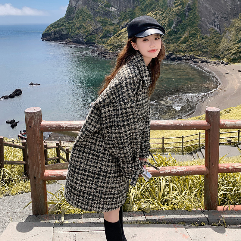 千鸟格羊毛呢外套女中长款冬季2025高级感韩系超好看小个子呢大衣,女装毛呢外套,2B080