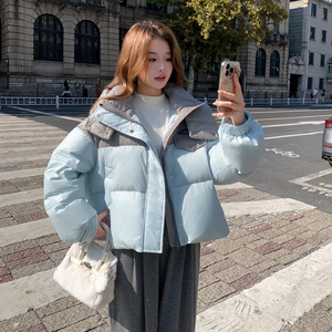 撞色拼接羽绒服女2025冬季新款韩版宽松学院风连帽小个子加厚外套图片