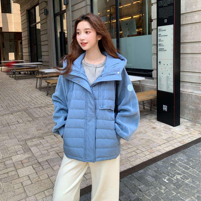蓝色休闲范连帽短款排骨羽绒服女冬季2025年新款90白鸭绒保暖外套,女装羽绒服,2B080