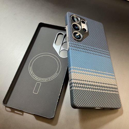 适用新款Samsung三星GalaxyS25/S24/23Ultra凯夫拉编织手机壳超薄磁吸芳纶碳纤维保护壳日落月升高端商务男士