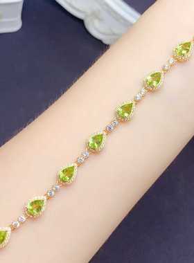 新款手链925银镶嵌天然橄榄石水滴5*7多粒围钻百搭款手饰精致百搭