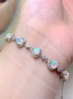 彩宝首饰天然欧泊手链925银镶嵌刻面心形欧泊火彩好围钻款百搭女