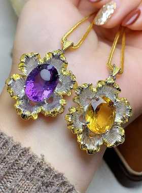 豪华彩宝毛衣链s925银镶嵌天然黄水晶紫水晶大颗椭圆吊坠花多百搭