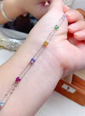 简单爪镶手链s925银镶嵌天然多宝圆形手饰坦桑石水晶镁铝石榴石