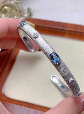 彩宝拉丝款手镯925银镶嵌天然伦敦蓝托帕椭圆多少手饰透辉石水晶