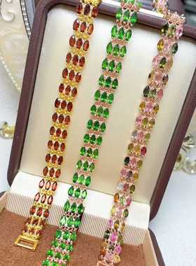 满镶款手链s925银镶嵌天然透辉石碧玺石榴石豪华多粒手表扣手饰