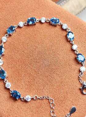 简单爪镶手链925银镶嵌天然伦敦蓝托帕石女可调节手饰精致百搭