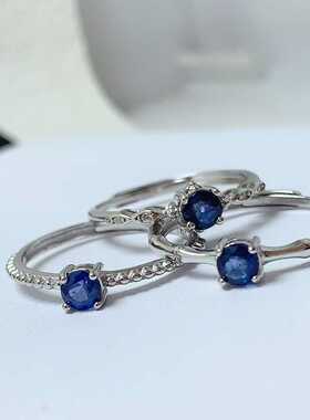 天然蓝宝石戒指925银镶嵌多款式圆形4*4简单爪镶活口女戒