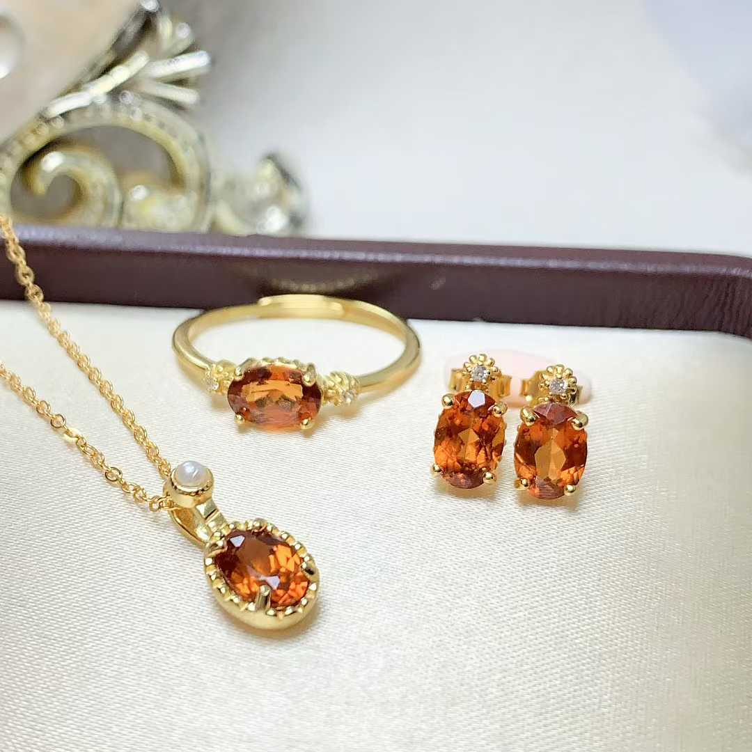 日常简约款套装s925银镶嵌天然芬达石榴石戒指吊坠耳钉女首饰百搭