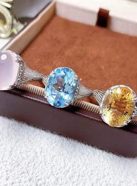 新款戒指s925银镶嵌天然蓝托帕黄水晶大颗椭圆活口戒指芙蓉石粉晶