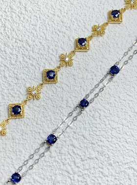 天然蓝宝石手链925银镶嵌圆形4*4手饰时尚高级感百搭