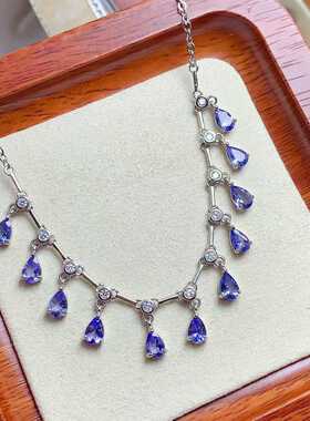 多宝锁骨链925银镶嵌天然坦桑石碧玺蓝托帕水滴多粒项链女宴会风